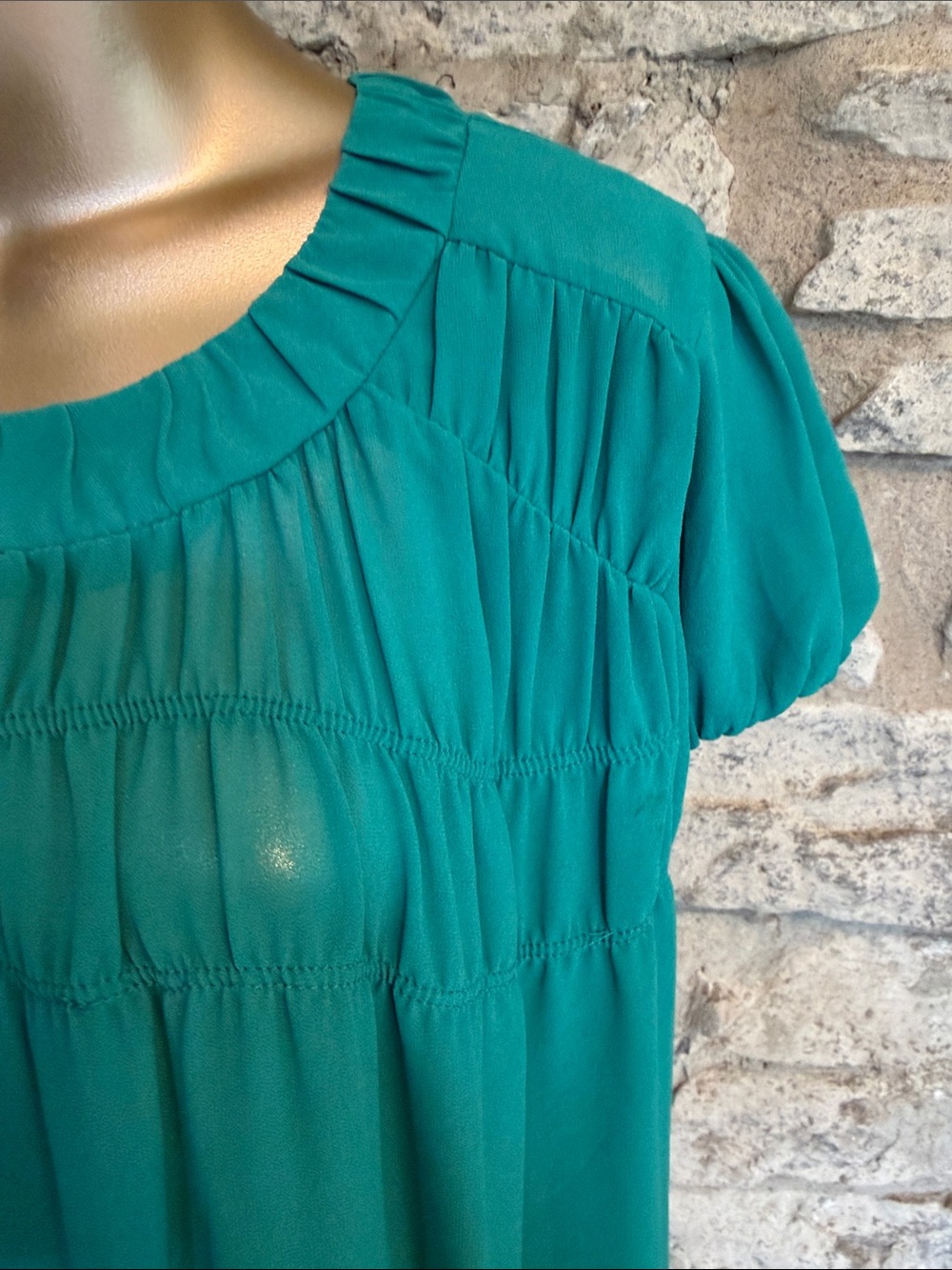 Teal Short-Sleeve Blouse - Gathered Yoke - Picture 3 of 8